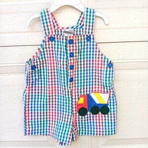 VTG 90s Samara Baby Short Overalls Romper 6-9 Months Gingham Embroidered Truck